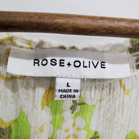 Boho Floral Crinkle Blouse Ruffle Neck Lime Green Top L Cottagecore Peasant - Picture 5 of 16